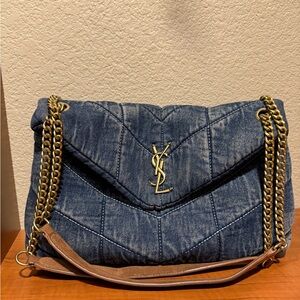 Yves Saint Laurent Denim Quilted Shoulder Bag with Gold Chain